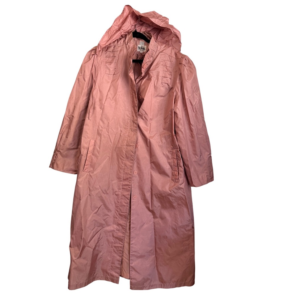 Vintage The Totes Coat Pink Nylon Hooded Raincoat Trench Jacket Womens 16